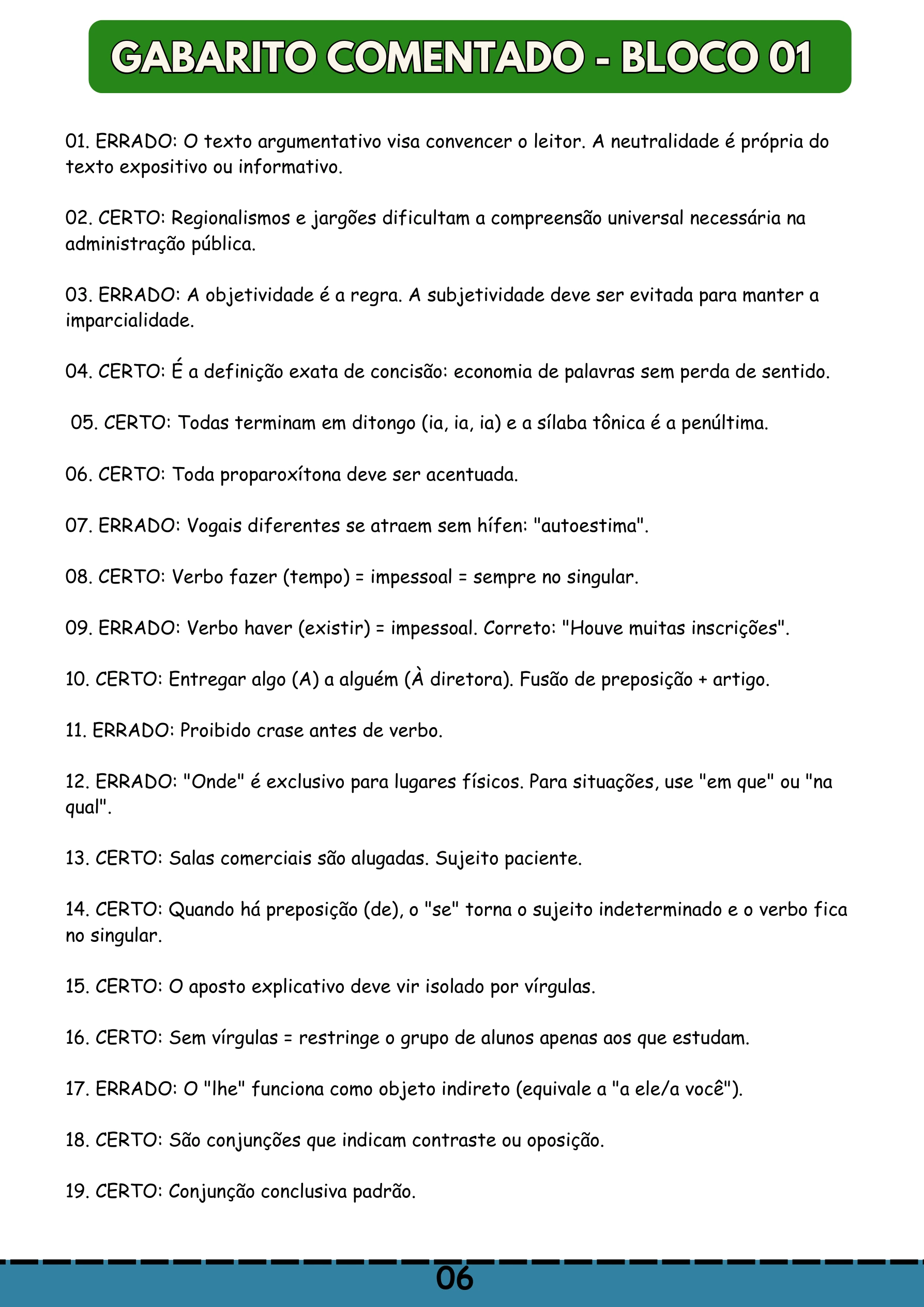 Língua Portuguesa, Gabarito comentado