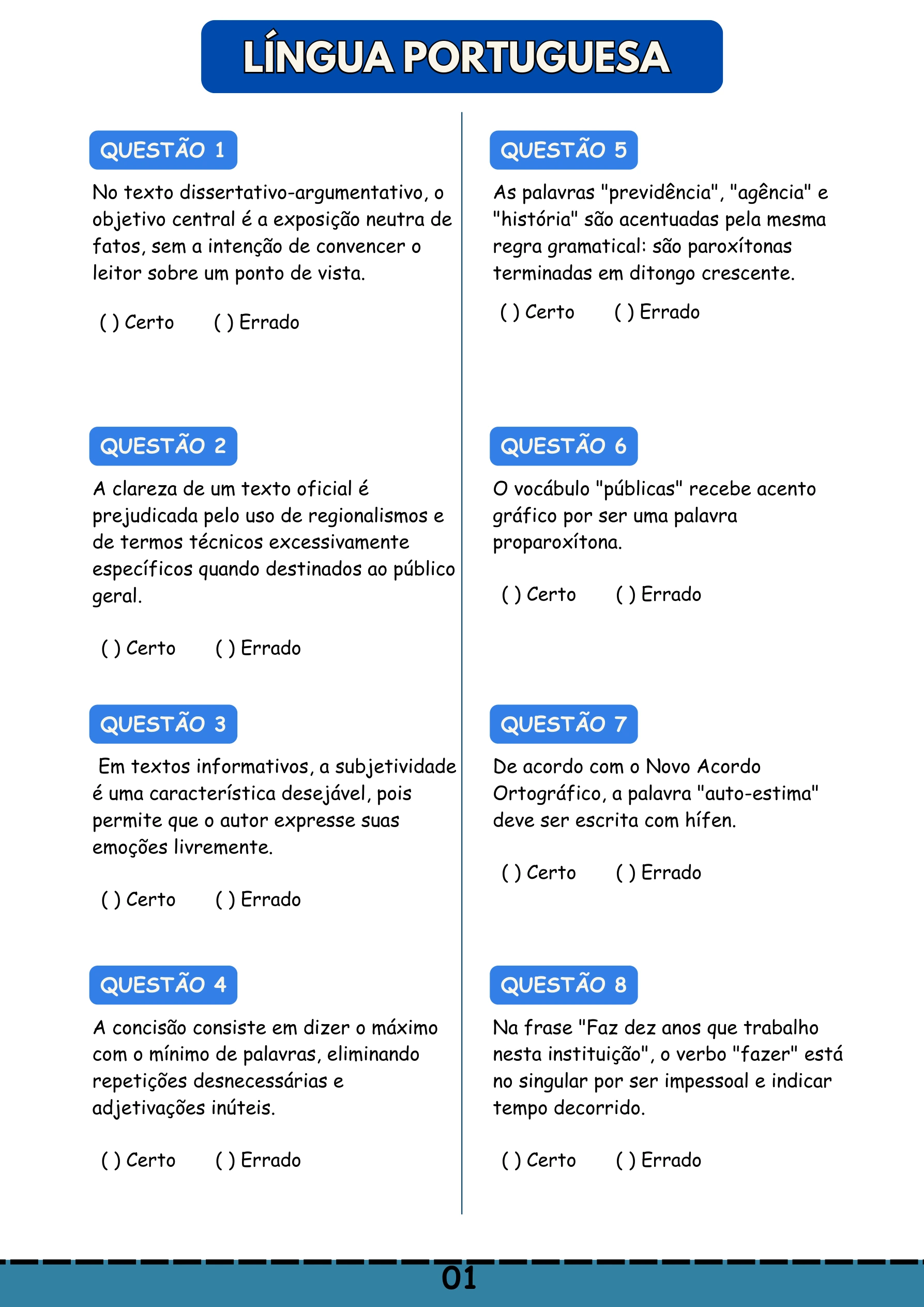 Língua Portuguesa, Questões